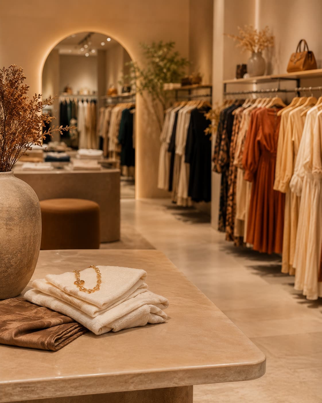 Intérieur chaleureux de la boutique avec présentation de vêtements