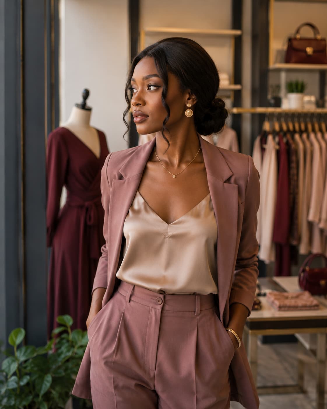 Femme élégante portant une tenue de la nouvelle collection Boutique Élégance